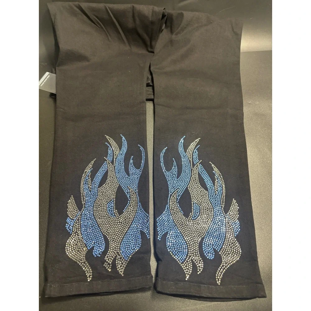 Guapi NEW Men's Rhinestone Flame Jeans Black Distressed Denim Slim‎ Fit Size 40